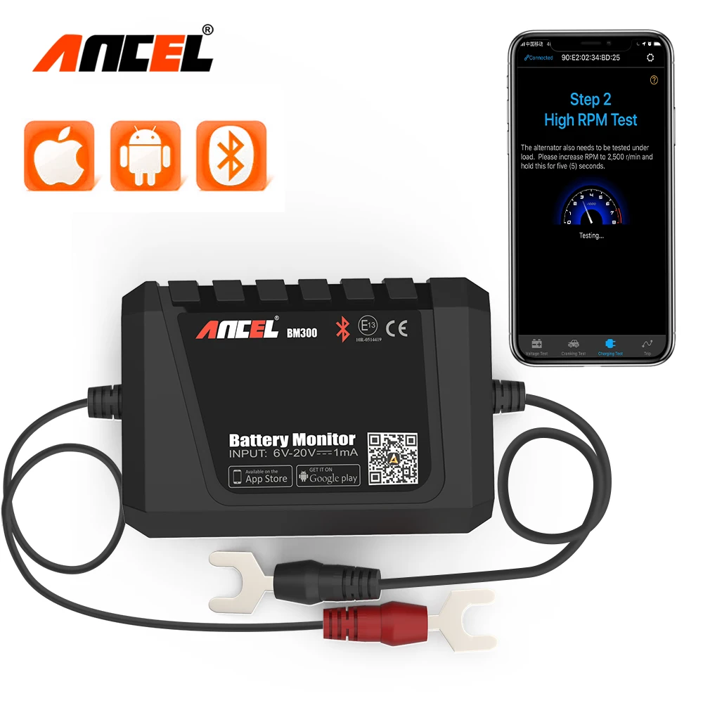 ANCEL BM300 12V Battery Tester Bluetooth Cranking System Charging Cranking Voltage Test Battery Monitor Battery Test For Android ss 905a 7 0 for iphone 6 13 and sam series power boot control line cable power test boot cable added battery boot function