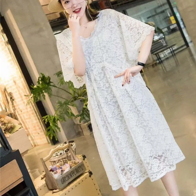 Women Summer Loose Fit Lace Crochet Mid Dress Vintage Casual Plus Size High Waist Knee Length Short Sleeve Hollow Out Dresses