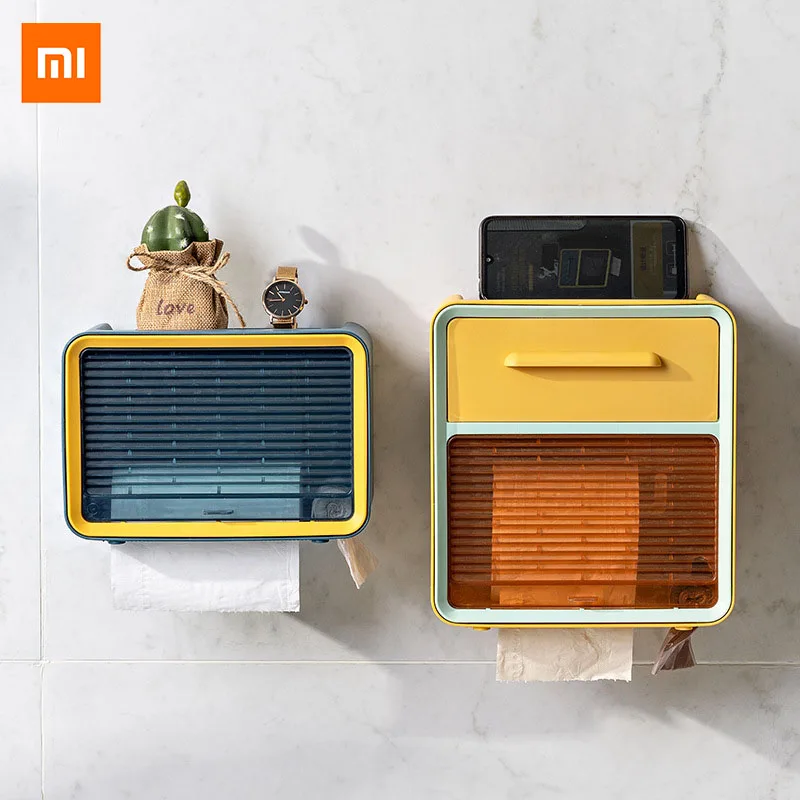 Xiaomi Non-porous Waterproof Wall-mounted Toilet Paper Rack Bathroom Storage Box Paper Towel Tray Roll Paper Storage Rack Drawer