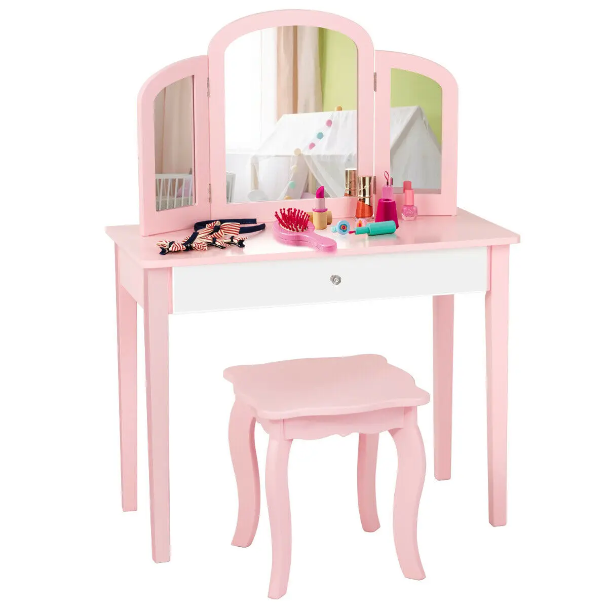 Kids Vanity Princess Make Up Dressing Table W/ Tri-folding Mirror & Chair  HW64354