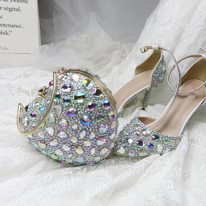 Love Moments AB crystal Wedding shoes 9cm Sweet Heels party shoes Woman Wedding shoes with matching bags Heart bags and shoes