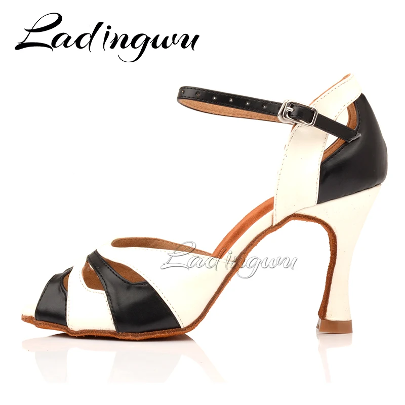 Ladingwu Ballroom Dance Shoes Women Black and White Leather Latin Dance Shoes Girls Ladys Dance Shoes Profession Dance Shoes