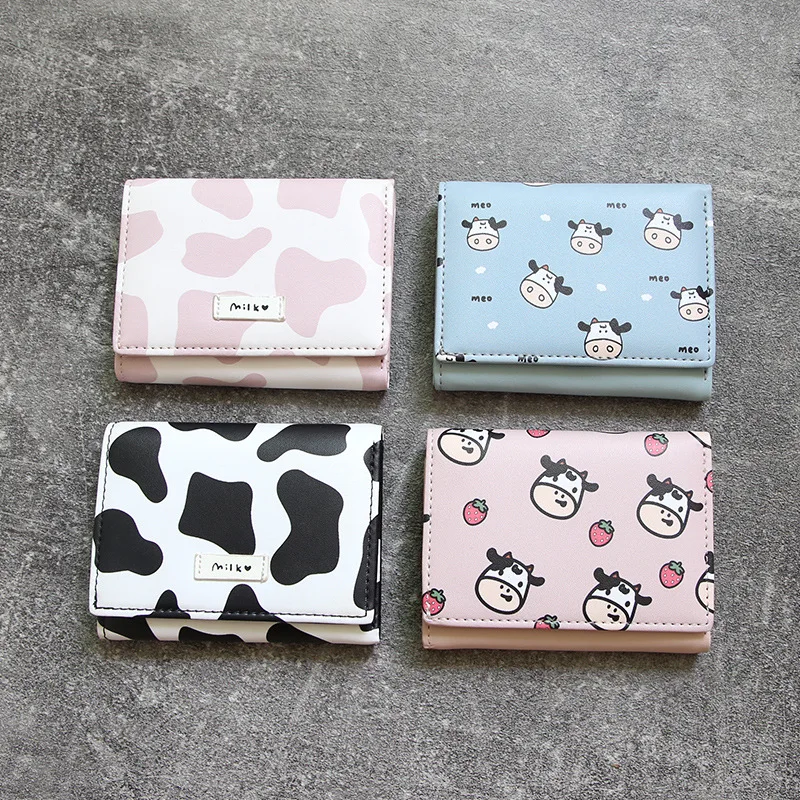 New Multi-card Slot Short Small Coin Purse Ladies Mini Wallet Tri-fold Cartoon Cow Pattern Women's Wallets Card Holder Girl Gift