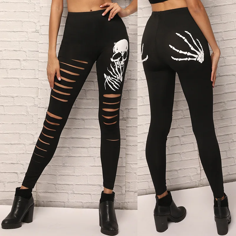 019 Nieuwe Mode Schedel Gedrukt Hollow Hole Vrouwen Leggings Vrouw Broek Hoge Kwaliteit