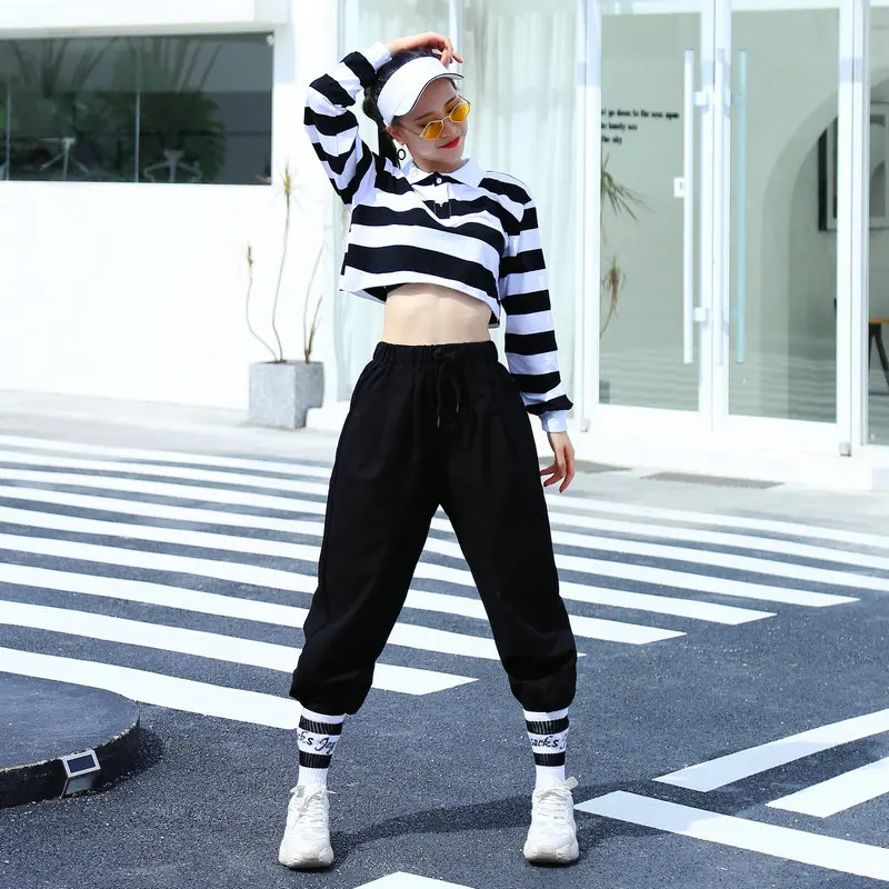 New Modern Dancing Clothes Hip-Hop Dance Clothing Jazz Costume Women Striped Crop Top Black Cargo Pants Street Dancewear XS1750