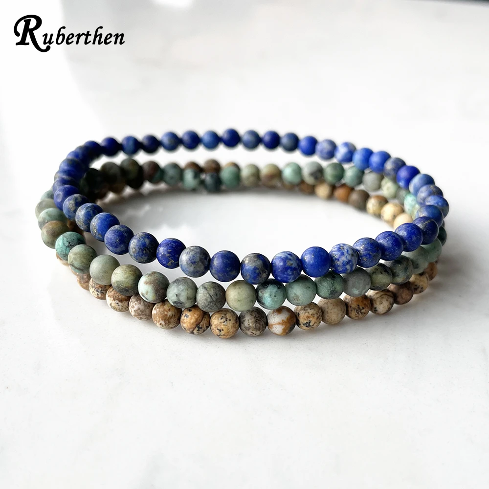 Ruberthen Matte Lapis Lazuli Bracelet Set Natural African Turquoise Picture Jasper Bracelet 4 mm Mini Gemstone Energy Bracelets