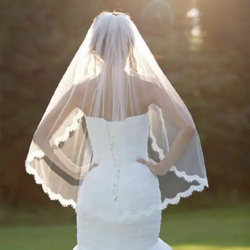 Velo da sposa di nuova moda bianco veli a gomito a un livello bordo Applique in pizzo