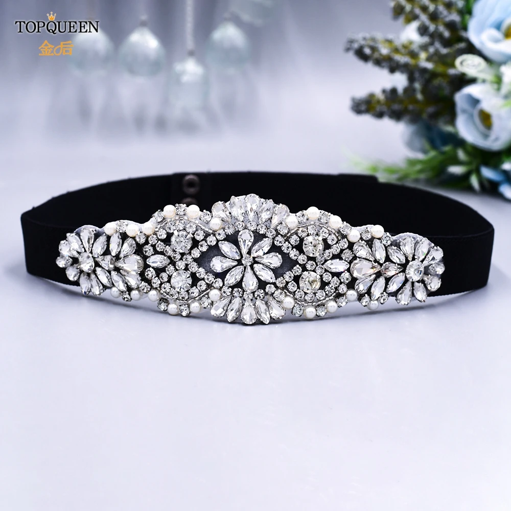 TOPQUEEN S01-E Fashion Floral Rhinestone Buckle Women's Elastic Waist Cinch Belt for Dress Formal Dress Belt Evening Party Band