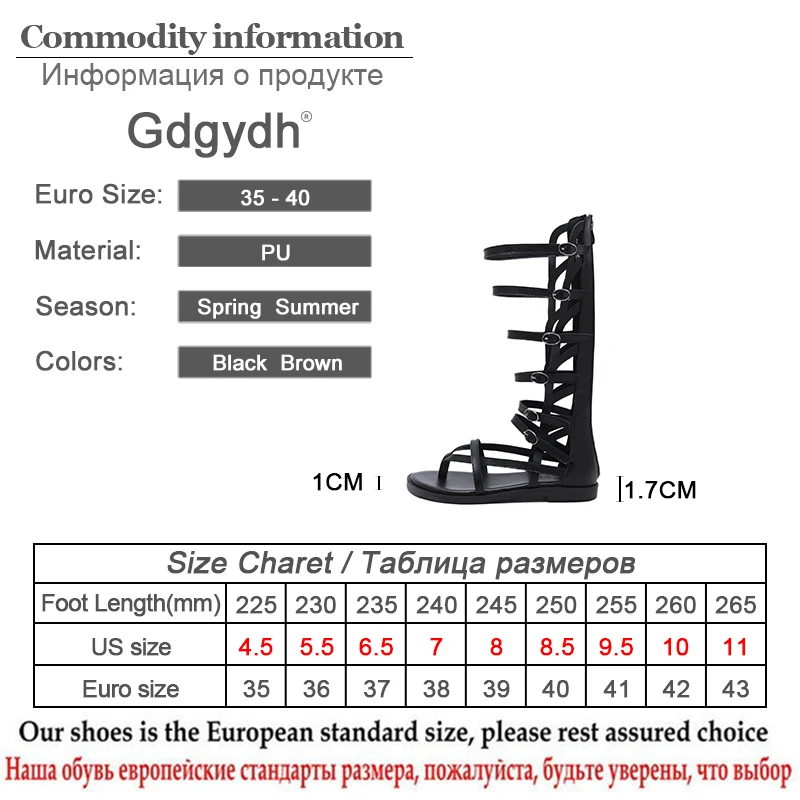 Gdgydh Fashion Buckle Gladiator Sandals Women Flat Sandals High Knee Flip Flops Female Summer Shoes With Zipper Black Leather