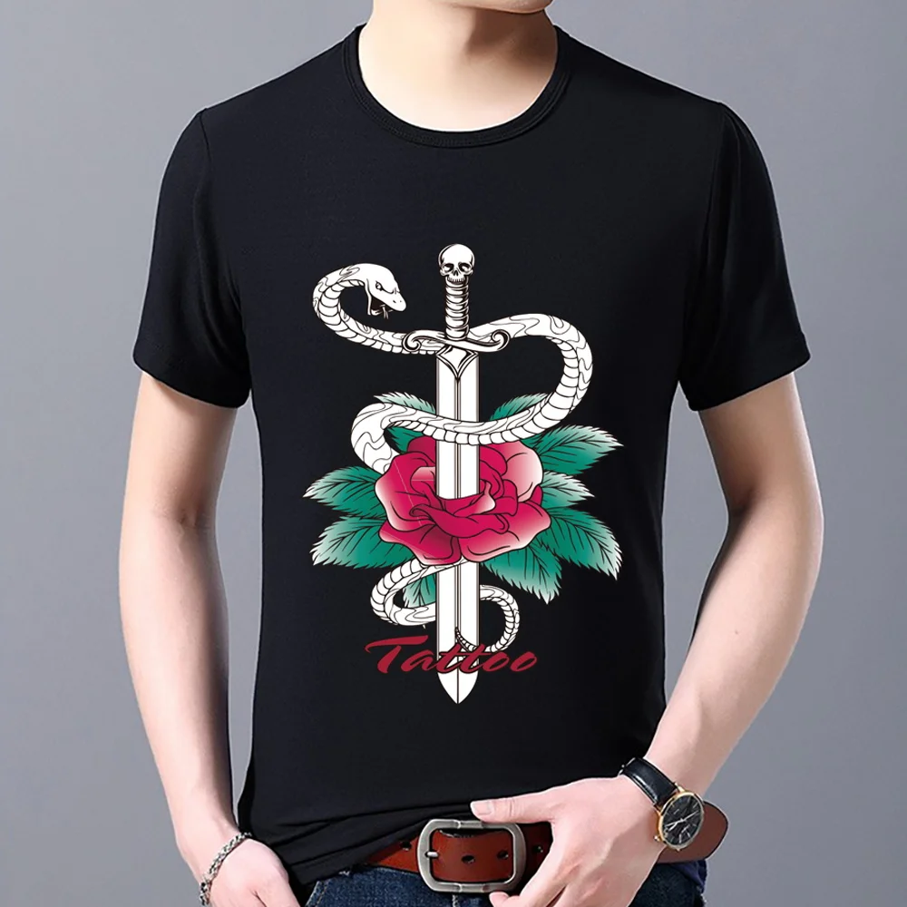 

Men's T-shirt Fashion Casual Slim Commuter Sword Flower Cobra Print Pattern Top O-Neck Youth Black Harajuku Soft Short Sleeve