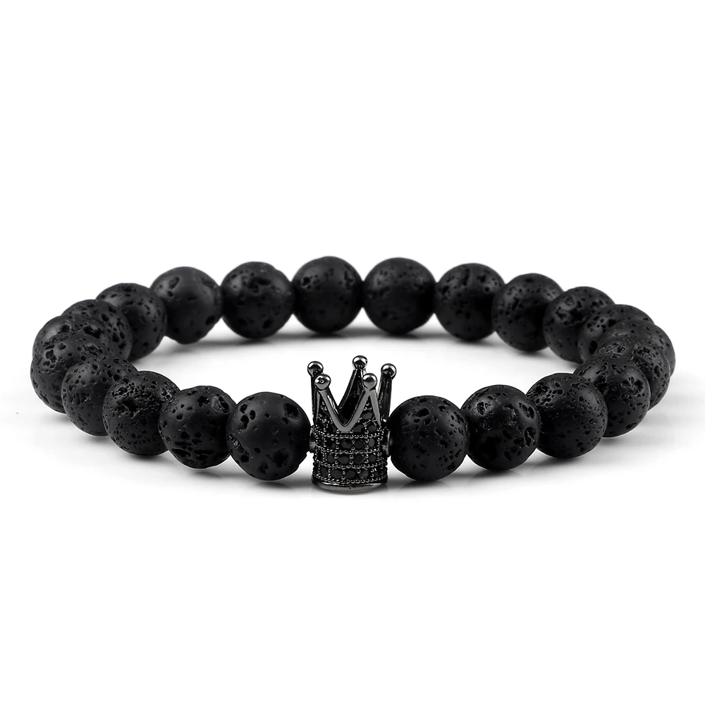 Vintage CZ King Crown Charm Bracelets For Men 8mm Natural Black Lava Stone Beads Stretch Bracelets Fashion Women Healing Jewelry