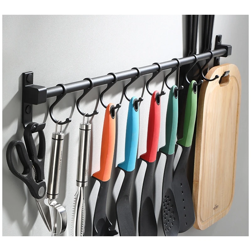 Wall Mounted Kitchen Organizer Hanging Rod Space Aluminum Free Punch Hook Bar Storage Rack Utensil Sundry Hooks Kitchen Supplies