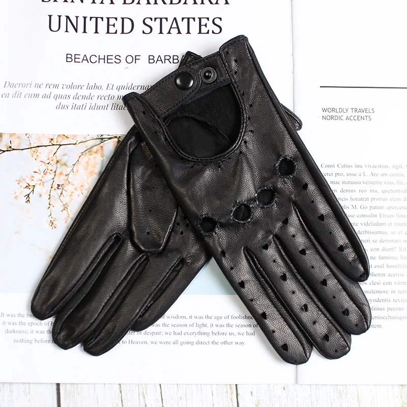 Summer Driving Genuine Leather Driver Gloves Women\'s Sheepskin Thin Motorcycle Riding All Fingers Fashion Hollow Out Unlined