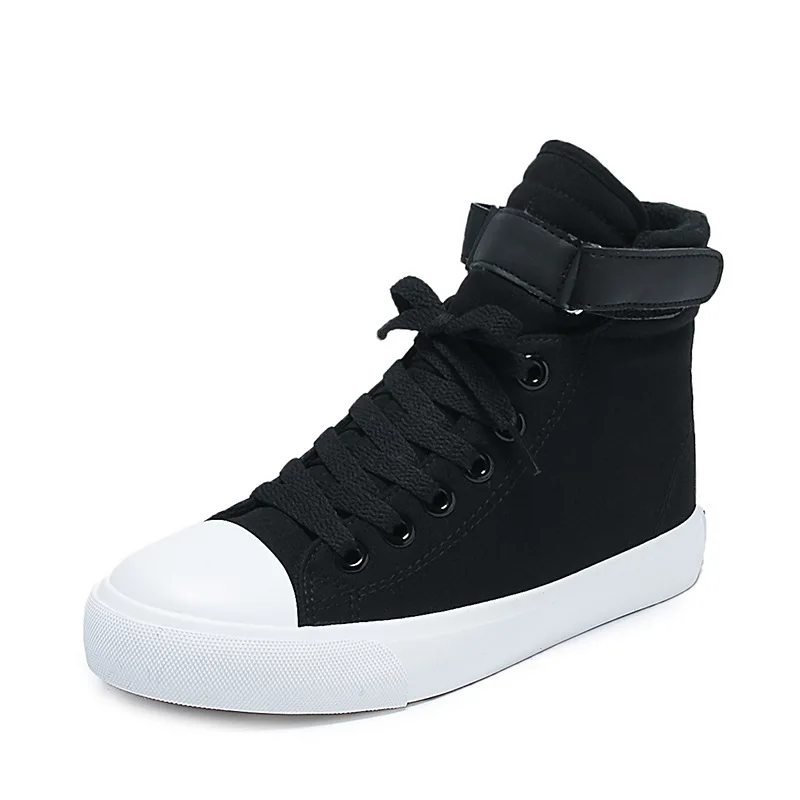 New High-top Canvas Shoes Women\'s Breathable Casual Winter Plus Velvet All Black Hook & Loop Sneakers Zapatillas Mujer