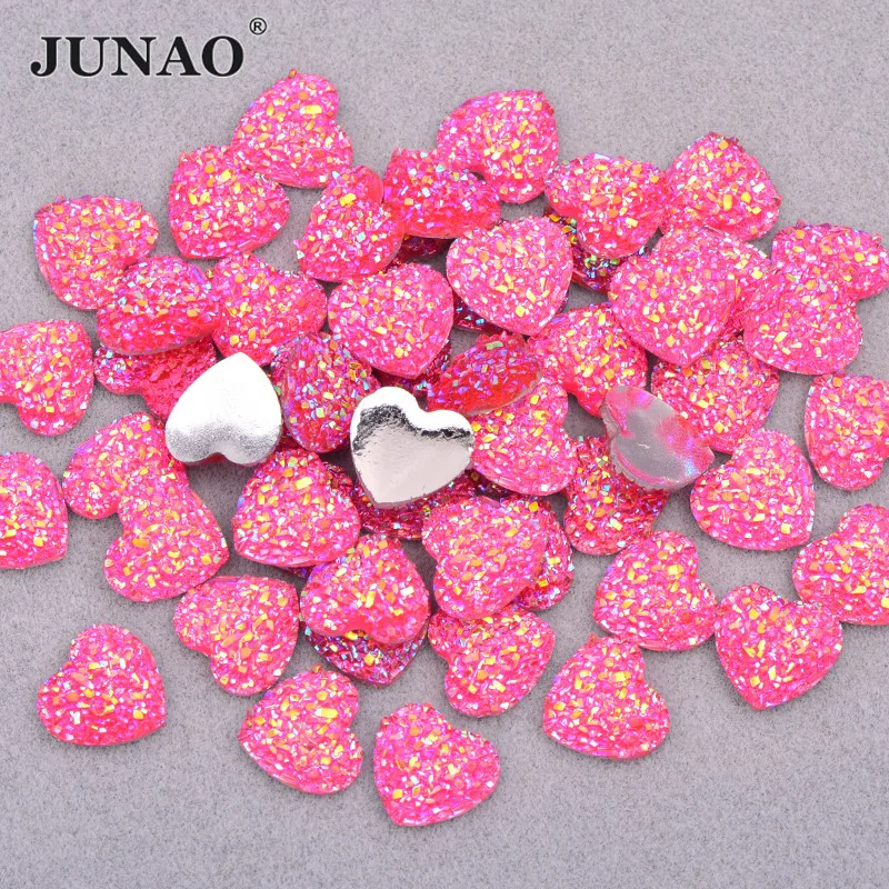 JUNAO 100pcs 12mm Heart Shape Rose AB Rhinestones Flatback Cabochon Crystal Stone Glue On Strass Stickers Clothing Accessories