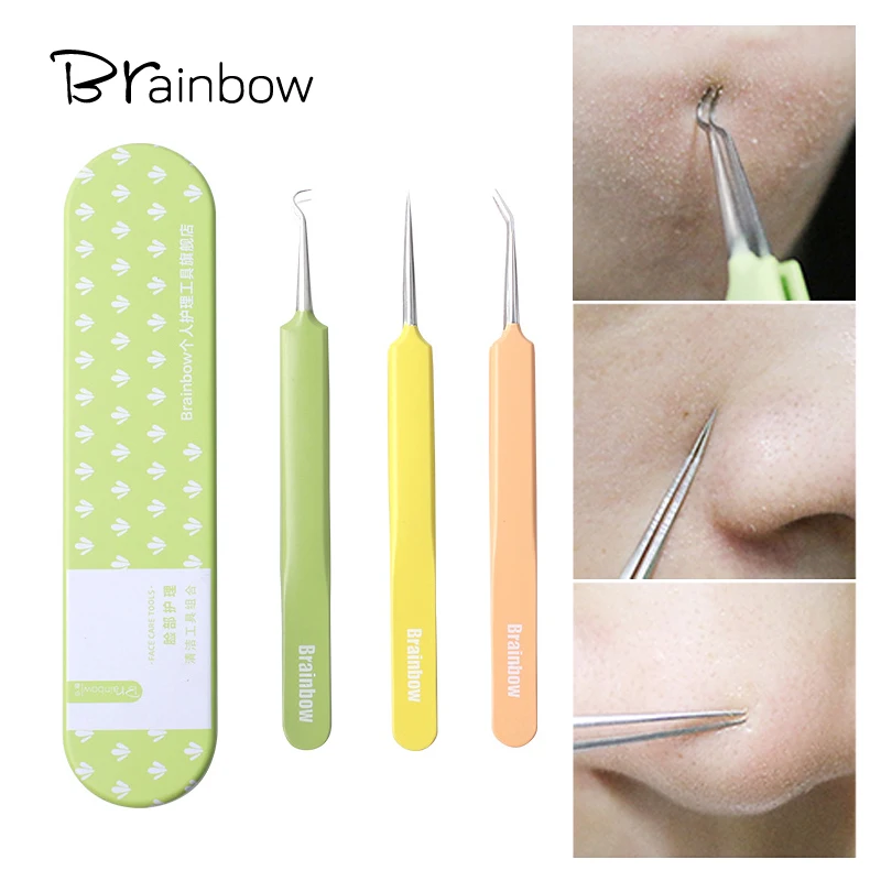 Brainbow Juego de pinzas de precisión para eliminación de espinillas, herramienta de belleza profesional de acero inoxidable, limpiador facial, 3 piezas