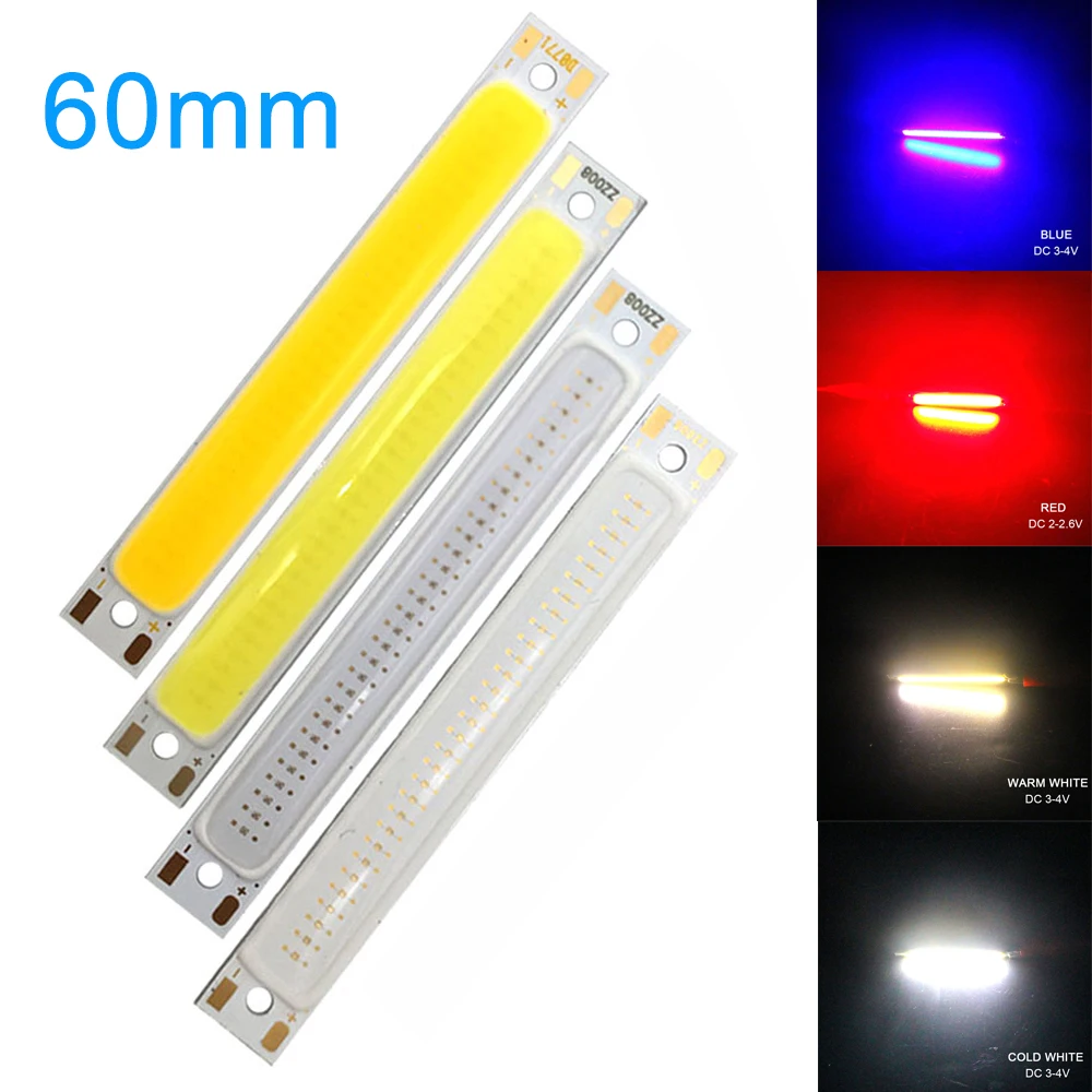 Lâmpada LED COB Strip, Fonte de Floodlight de trabalho, Chip Beads, Super brilhante, vermelho, azul, branco, DC, 3V, DIY Lamp, 8mm x 60mm, 3W