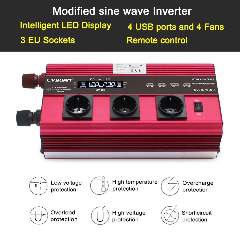 12000W Car inverter 3 Socket Inverter 12v 220v EU LCD Large Power Inverter Soler Power Inverter Car Ac 220v Converter Inverter