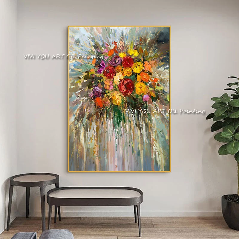 Hand Painted Colorful Flower Bouquet Oil Painting, Palette Knife Floral Vertical Canvas Living Room Wall Decor Art