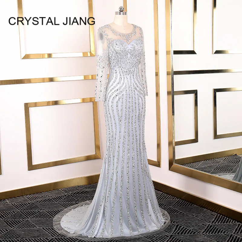 Formal Long Evening Dresses Silver Heavy Beaded Trumpet Arabic See Through Evening Party Gown