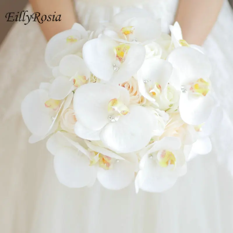 EillyRosia Korean Butterfly Orchid Bride Bouquet White High-end Simulation Flowes Pure Wedding Bouquet with Rhinestones Chic