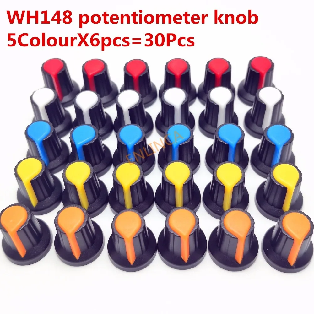 30 sztuk 5 kolorów WH148 nakładka na pokrętło potencjometru (rdzeń miedziany) 15X17mm 6mm otwór na wał AG2 żółty pomarańczowy niebieski biały czerwony 5 kolorów * 6 sztuk = 30 sztuk