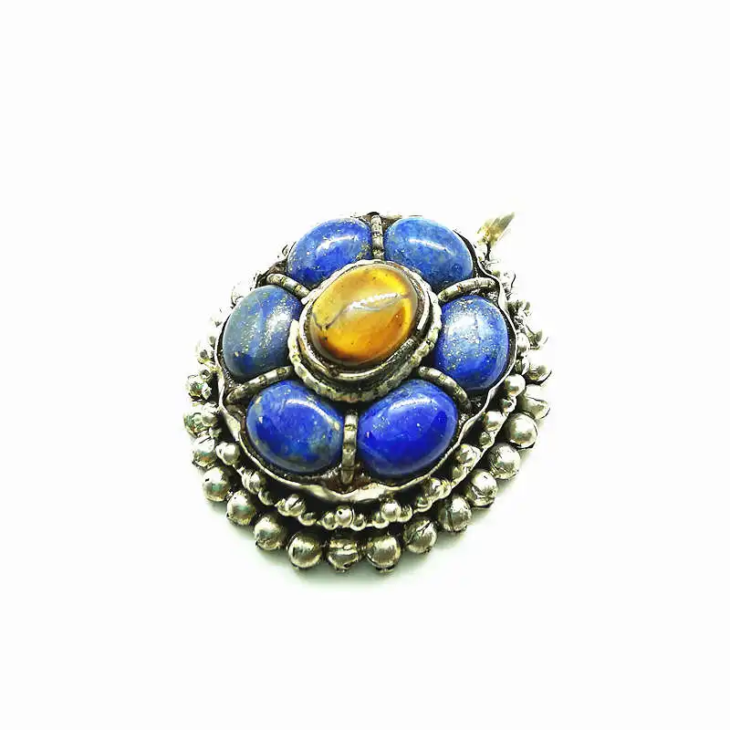 Tibetan Pendants Copper Inlay Blue Lapis Lazuli Flower Pendant Vintage Jewelry Multi Stone Beads TBP262