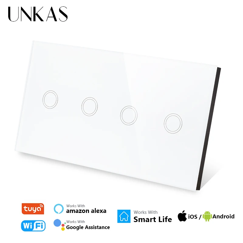 UNKAS 4 Gang Wifi EU Standard Touch Smart Switch Black Crystal Glass 157mm Panel Home Improvement Work Tuya Alexa / Google