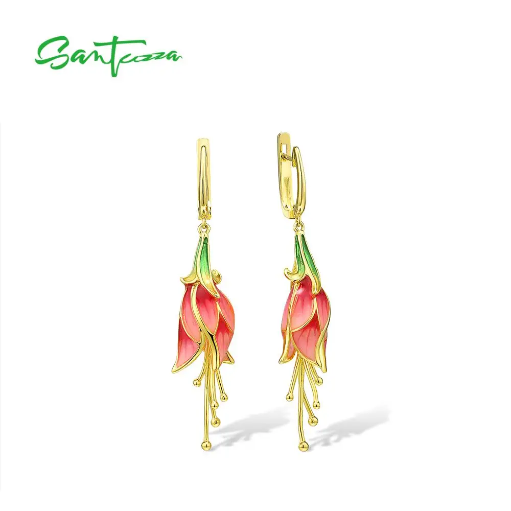 SANTUZZA Silver Earrings For Women 925 Sterling Silver Gold Color Unique Tulip Flower Drop Earrings Fine Jewelry Handmade Enamel