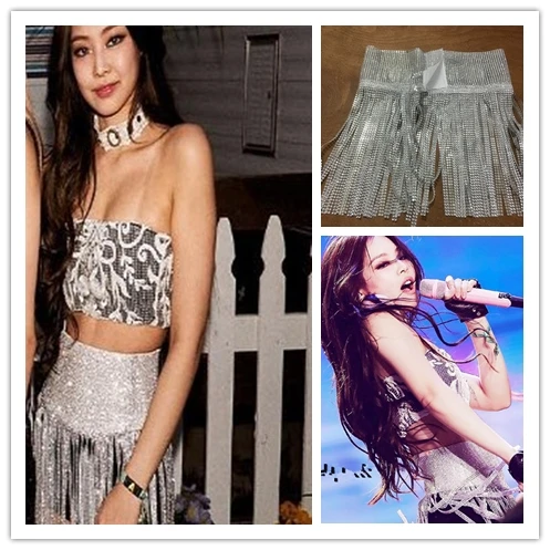 Kpop Korean Celebrity Stage Show Summer Fashion Shiny Tassel High Waist Skirt Women Nightclub Sexy Loose Perspective Mini Skirt