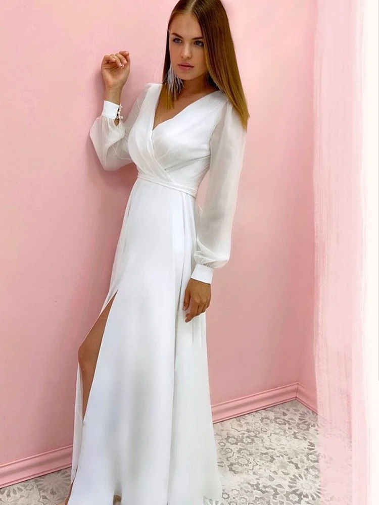 Simple White Beach Wedding Dress 2021 Long Sleeve Side Split Floor Lecngth Cheap For Bride Robe De Mariee Custom Made V-Neck