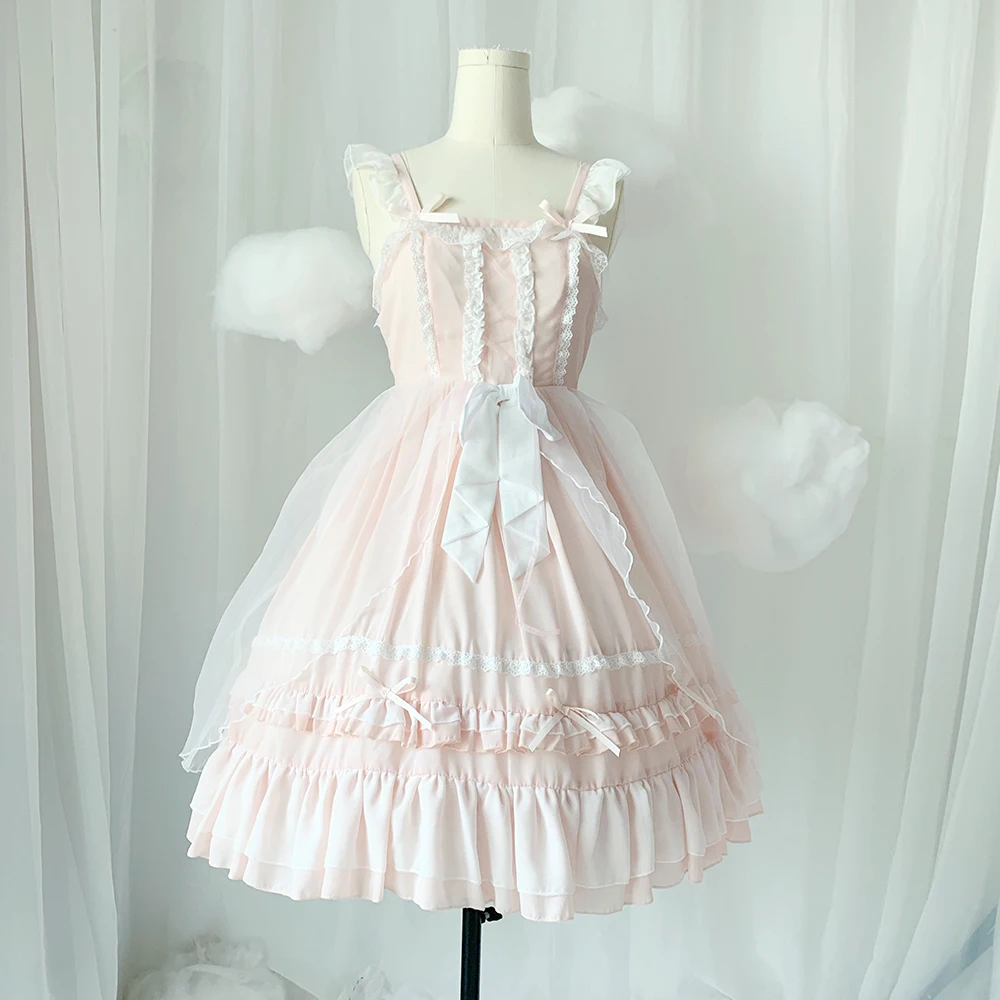 Sommer süße prinzessin lolita strap kleid vintage falbala hohe taille druck viktorianischen kleid kawaii mädchen gothic lolita cos loli