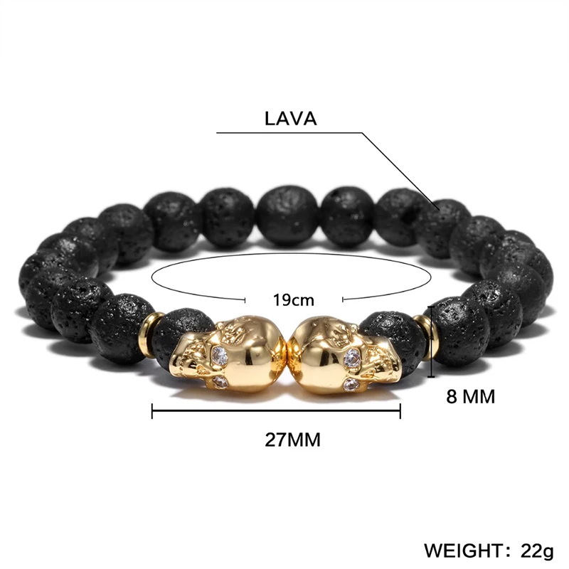 Pulsera Punk con diseño de doble cabeza de calavera para hombre, brazalete de Lava con cuentas de piedra Natural de 4 colores, pulsera de motorista,