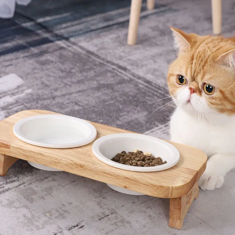 Cat Bowl Ceramic Solid Wood Bowl Rack Cat Food Bowl Cat Rice Bowl Cat Bowl Feeding Tableware Cat Food Basin Pet Supplies