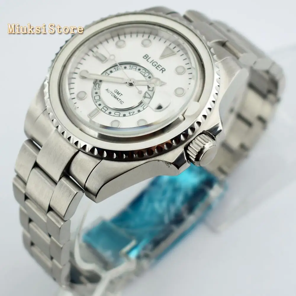 Bliger 43mm white dial luminous marks sapphire glass ceramic bezel date GMT automatic mens top mechanical watch