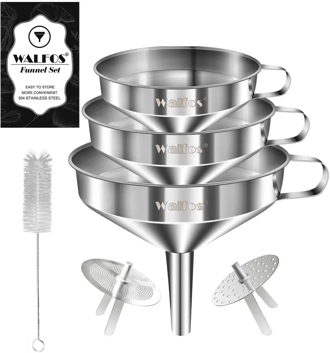 WALFOS Stainless Steel Funnel Kitchen Set 3 Pack With Cleaning Brush And Removable Strainer Filter For Transferring Of Liquid