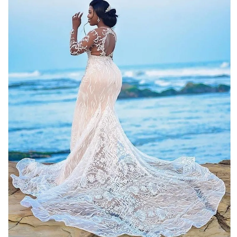 Afrikaanse Plus Size Trouwjurken Sheer Hals robe de mariee Ruglooze Bridal Jurken Kralen Lange Mouwen Kant Mermaid Wedding Gown