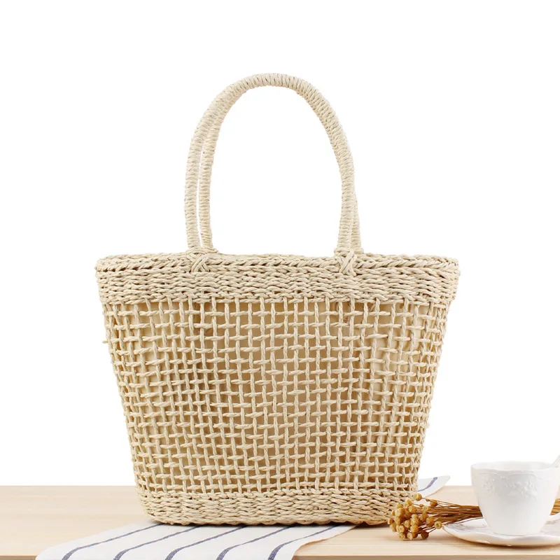 Handmade Women\'s Handbag Bohemian Hollow Straw Bag Summer Weaving Beach Bags Female Top-handle Tote Fashion Net Bag Mesh Basket