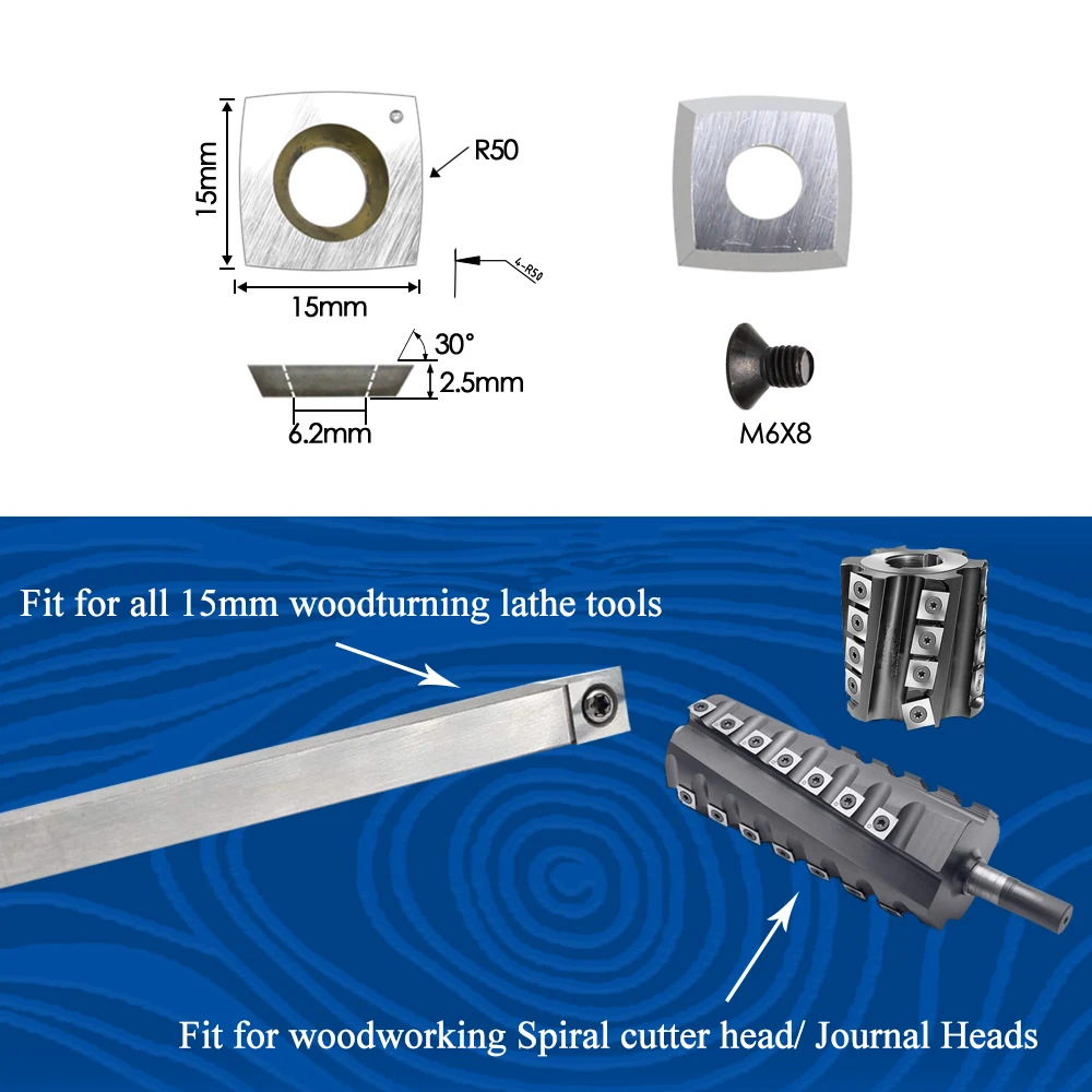 15x15x2.5mmR50 Tungsten Carbide Replacement Cutter Inserts Blades for  for Woodworking Fits Spiral Helical Planer Cutter Head