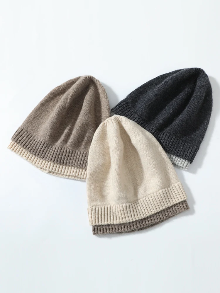 Cashmere 35% Knit Caps New Fashion Double Layer Hem Deco Unisex Beanies 2022 Wool Blend Warm Hat Soft Cozy Spring Outdoor Casual