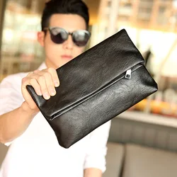 Bolso de mano de cuero suave para hombre, cartera grande de mano, a la moda, color negro, 2023