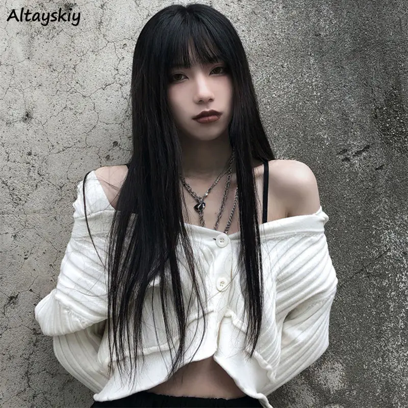 Cardigan Women Chic Slim Soft Street Wear Single Breasted White Sweater Ladies Trendy Solid Leisure Hip Hop Stretchy  Ins