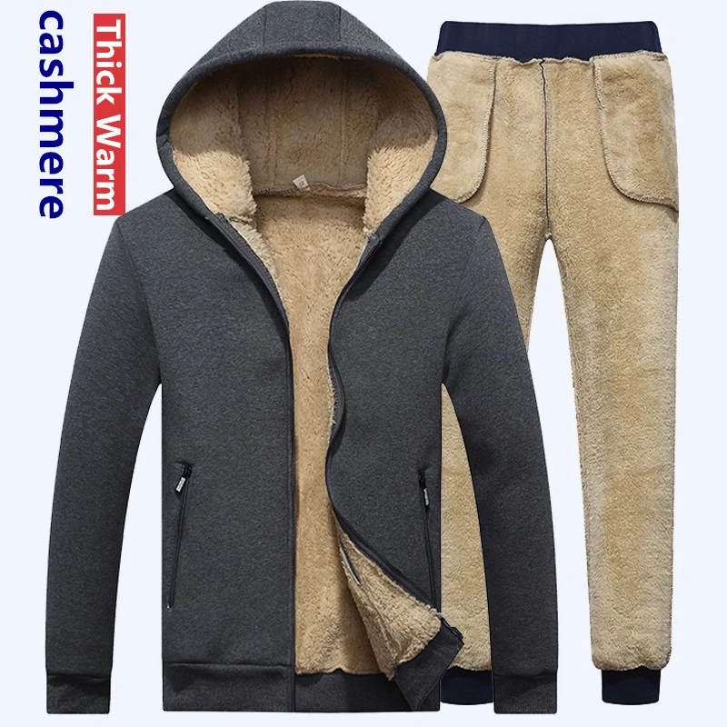 Mens Lamb cashmere Sets Tracksuit Men Winter wool Hooded Sweatshirt Thick Warm Sportswear Male Suit Two Piece Set Casual Sets