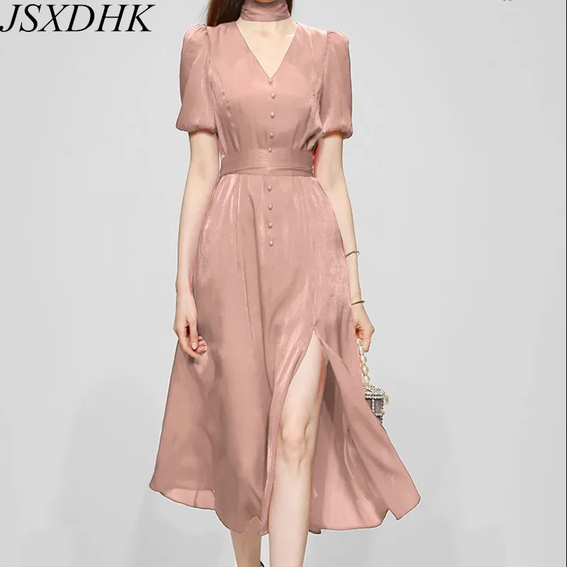 

JSXDHK High Quality Elegant Summer Pink Dress 2022 Summer New Puff Sleeve Satin Button Decorate Lady Slim Waist Split Midi Dress