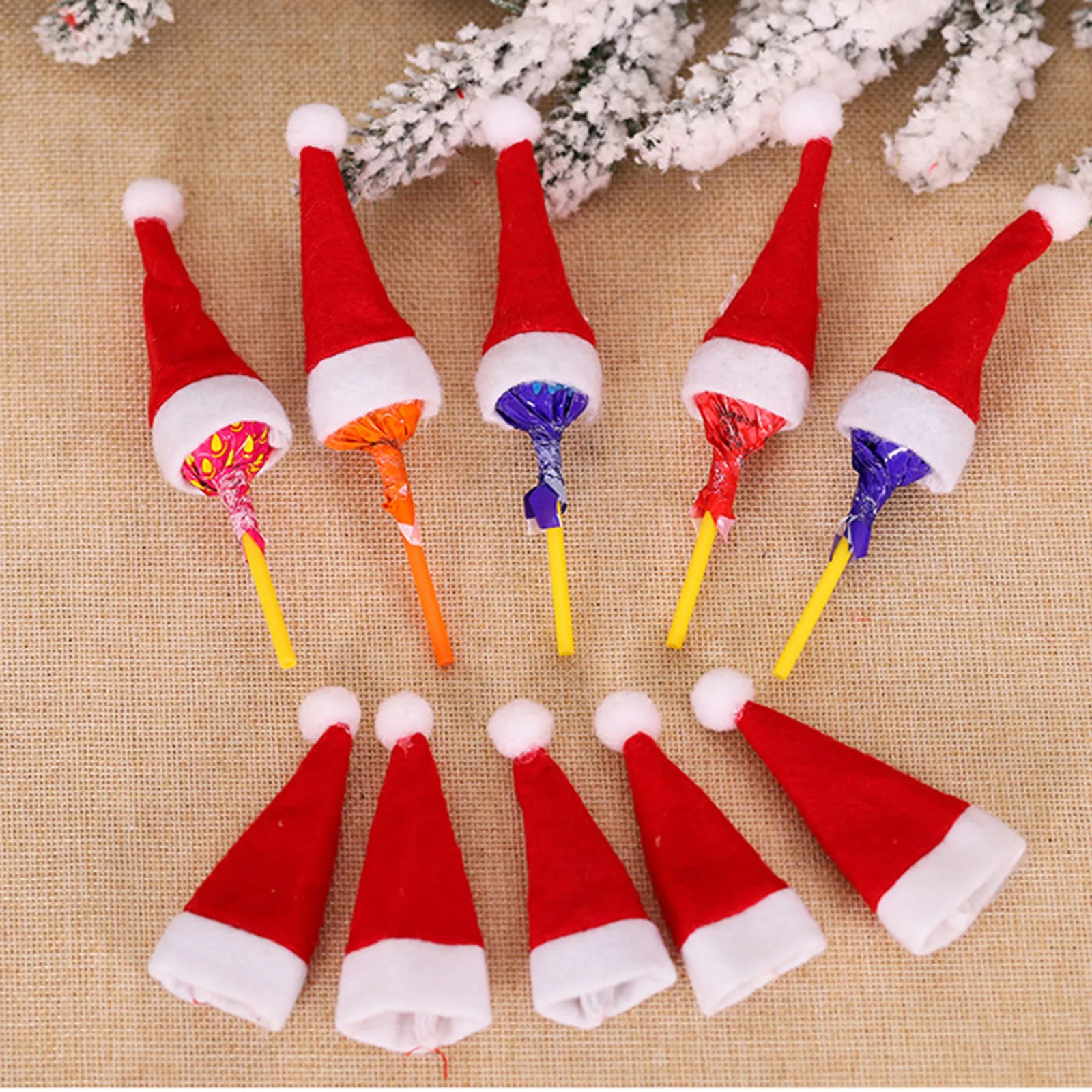 10pcs Mini Santa Claus Hat Christmas Holiday Lollipop Top Topper Cover For Festival Xmas Decor For Home 2022 Navidad Gifts