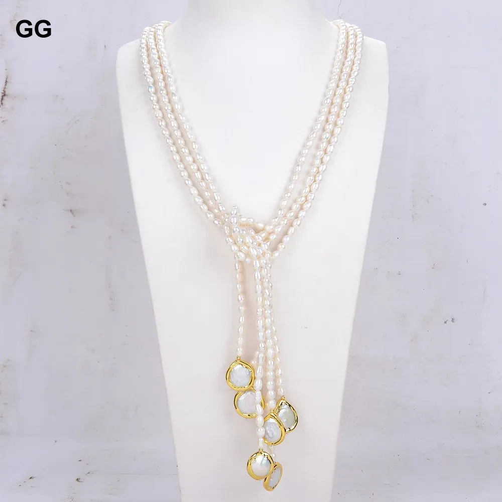 

GuaiGuai Jewelry 3 Rows Cultured White Rice Pearl Teardrop Pearl Lariat Long sweater chain Necklace 50''