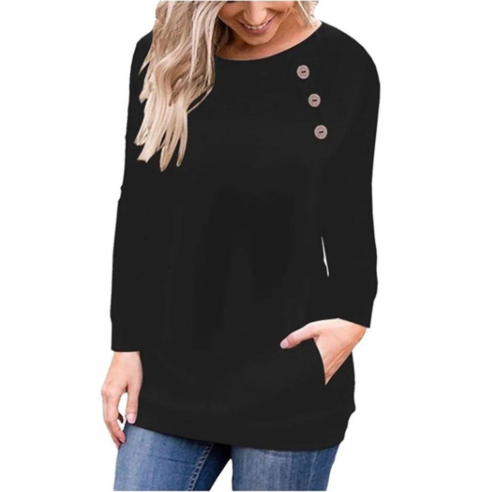 Autumn Women Sweater Tops Solid Color Long Sleeve Crew Neck Button Casual Pullover Blouse Female Clothing Ladies Loose Knitwear