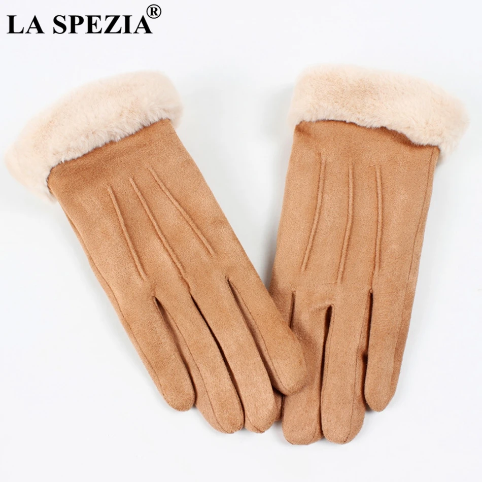 LA SPEZIA Winter Gloves Women Pink Gloves Suede Leather Warm Gloves With Fur Ladies Biker Driving Touch Screen Mittens Gray 2024