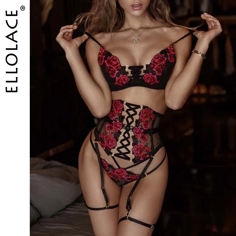 Ellolace Sensual Lingerie Sexy Embroidery Bandage Breves Sets Garters Briefs Luxury 3-Piece Whuta Hot Erotic Delicate Underwear