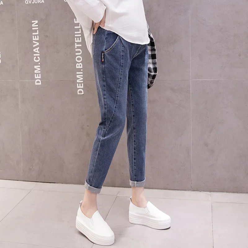 Women Autumn Pregnancy Belly Trousers Washed Denim Maternity Jeans Straight Loose Harem Pants